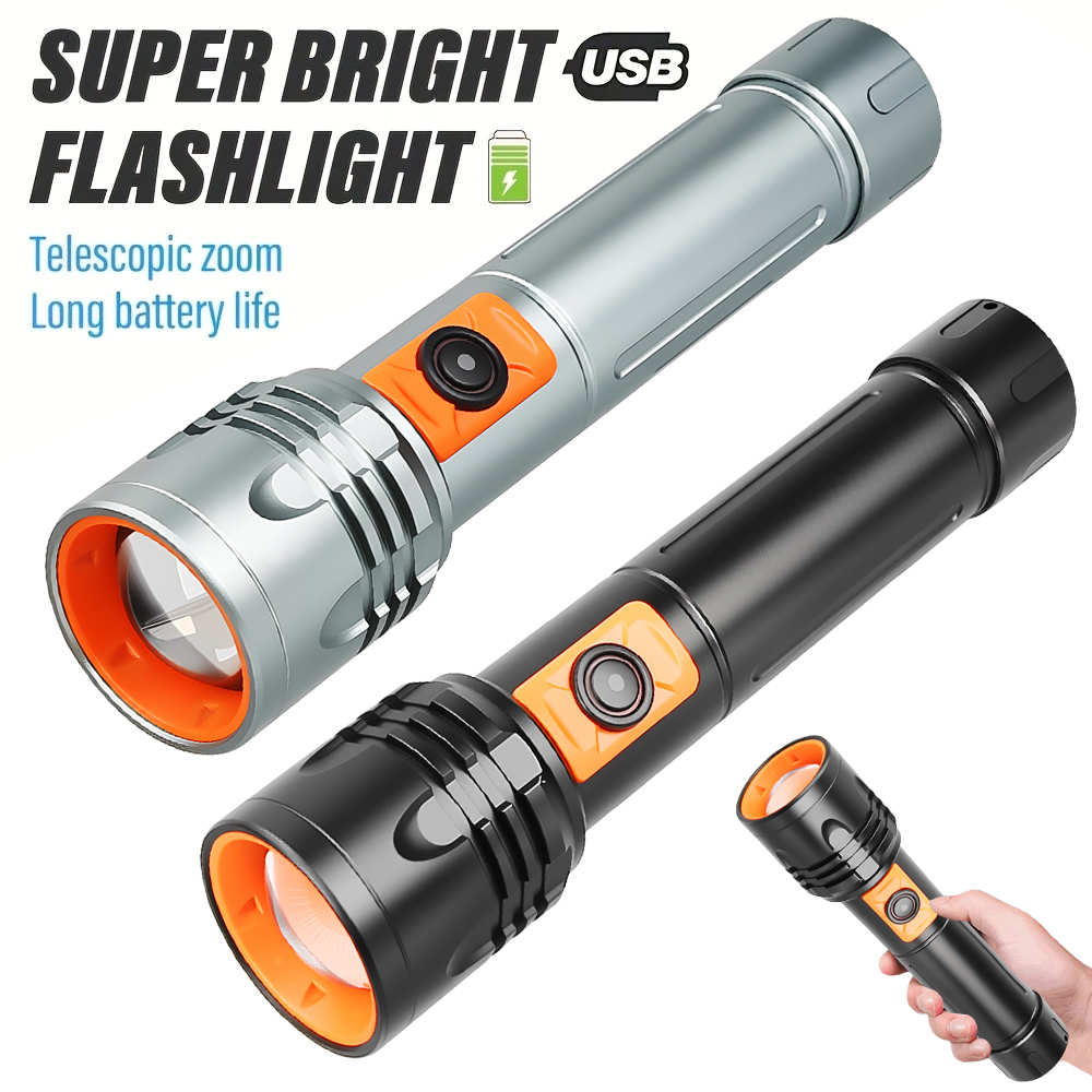 Outdoor Camping And Fishing - Hochleistungs-LED-Taschenlampe, wiederaufladbare USB-Taschenlampe mit Teleskop-Zoom, superhelle