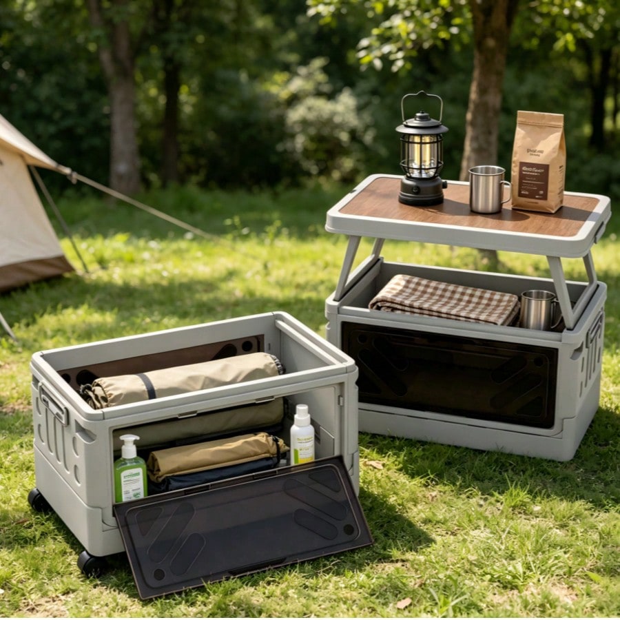 Outdoor Camping Bin - Multifunktionale Outdoor-Camping-Aufbewahrungsbox mit Klappdeckel-Tisch, robuste, stapelbare